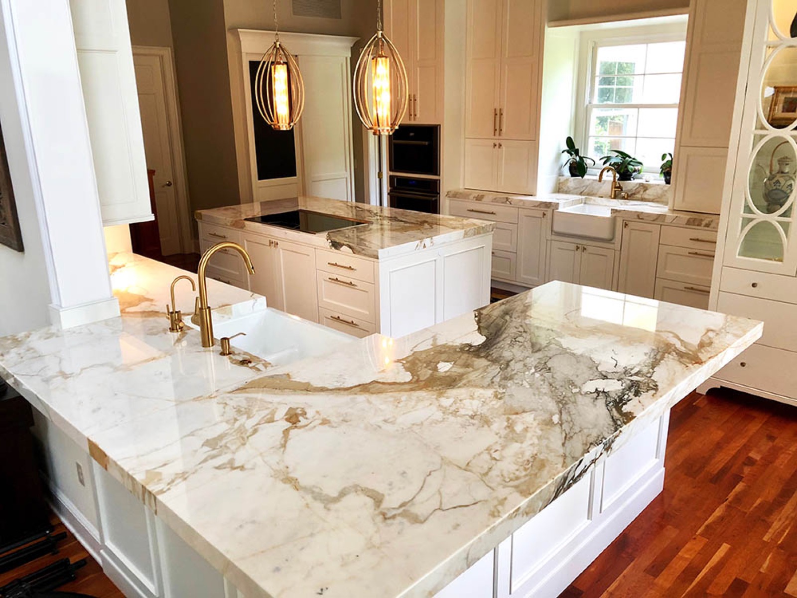 Marble kitchen countertops protected with clear film