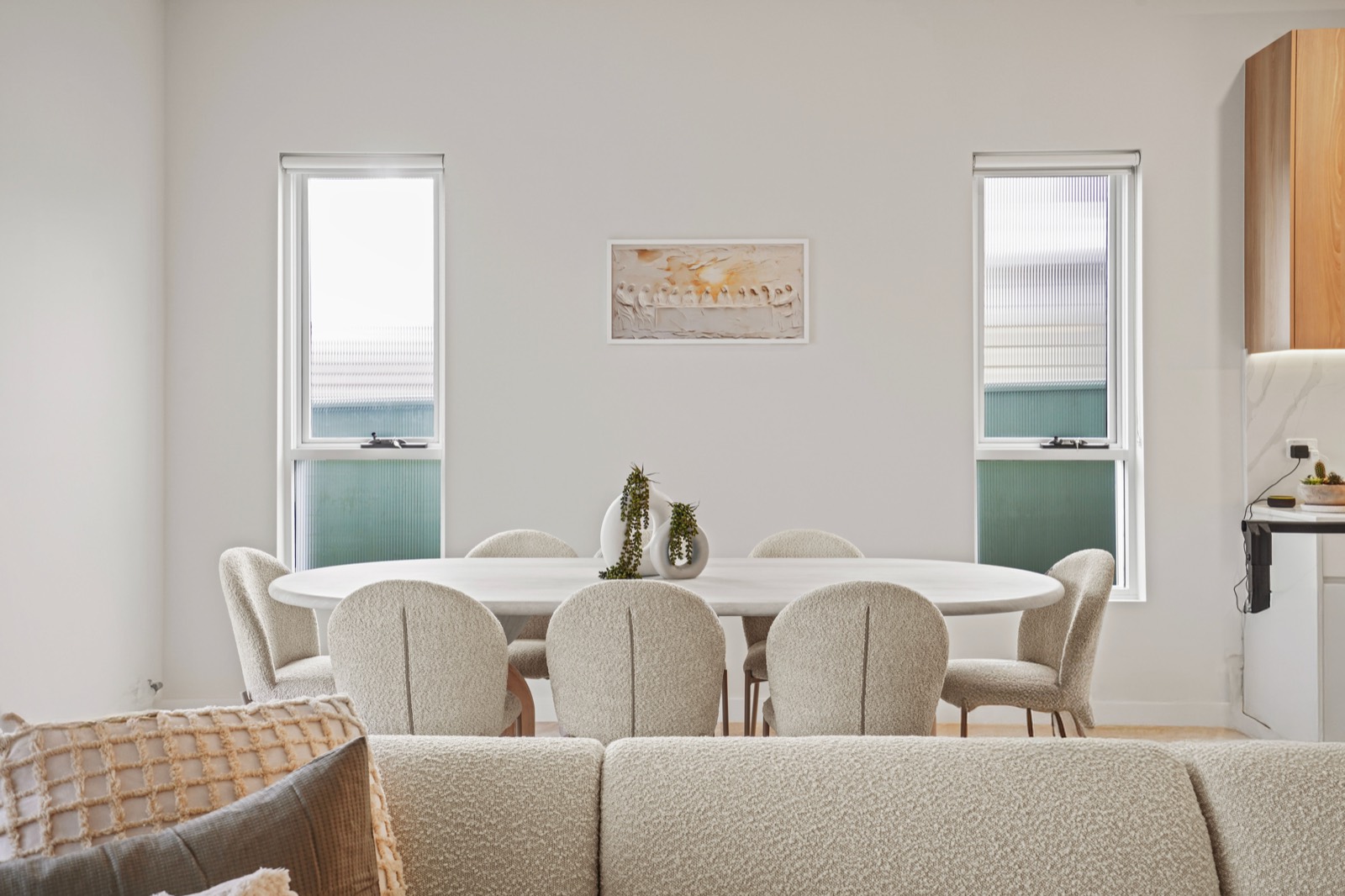 Frosted privacy film on dining room windows