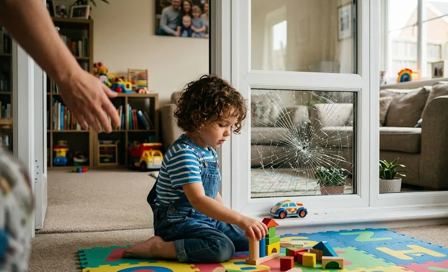 Child playing beside a glass door with cracked glass held safely in place